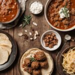 Assortment of ground deer meat dishes including burgers, meatballs, and chili in rustic cookware