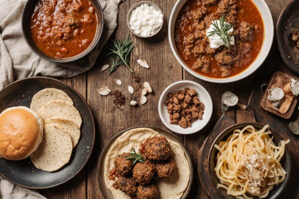 Assortment of ground deer meat dishes including burgers, meatballs, and chili in rustic cookware