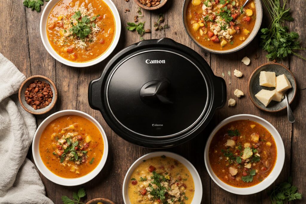 Assortment of colorful crockpot soups in bowls with slow cooker in background