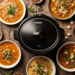 Assortment of colorful crockpot soups in bowls with slow cooker in background