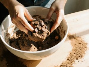 Folding three types of chocolate—chunks, chips, and cocoa-infused dough—together to create the ultimate triple chocolate cookie batter.