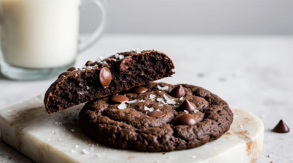 Decadent homemade triple chocolate cookies broken open to show a soft, fudgy center filled with melted chocolate chips, perfectly baked.