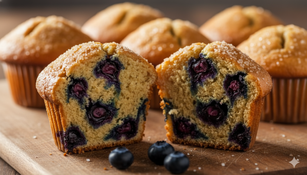 A perfect bakery-style blueberry muffin cut open to show tender crumb and juicy berries, with a tall sugar-crusted dome.