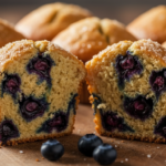 A perfect bakery-style blueberry muffin cut open to show tender crumb and juicy berries, with a tall sugar-crusted dome.