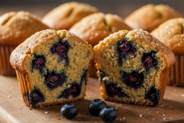 A perfect bakery-style blueberry muffin cut open to show tender crumb and juicy berries, with a tall sugar-crusted dome.