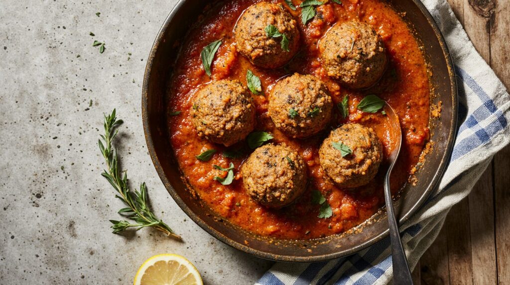 Golden-brown Mediterranean ground beef meatballs simmering in a rich tomato and herb sauce, garnished with fresh parsley