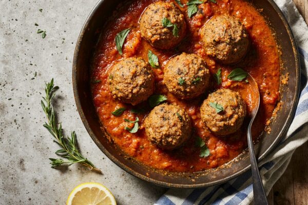Golden-brown Mediterranean ground beef meatballs simmering in a rich tomato and herb sauce, garnished with fresh parsley
