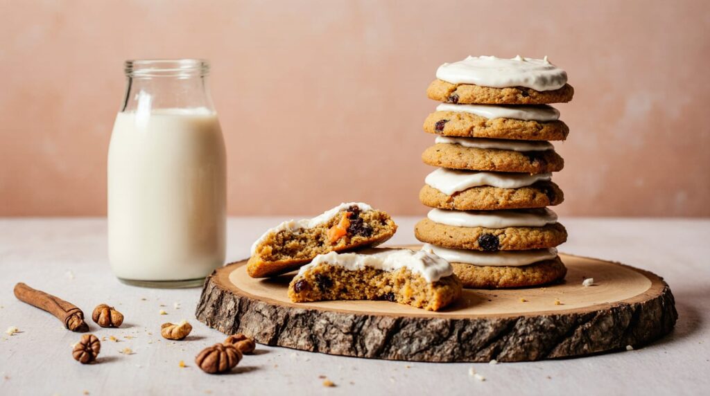 Stack of soft carrot cake cookies with cream cheese frosting drizzled on top, walnuts sprinkled around on a rustic board