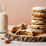 Stack of soft carrot cake cookies with cream cheese frosting drizzled on top, walnuts sprinkled around on a rustic board