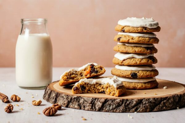Stack of soft carrot cake cookies with cream cheese frosting drizzled on top, walnuts sprinkled around on a rustic board