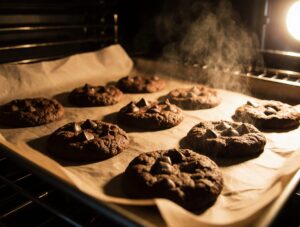 A batch of freshly baked triple chocolate cookies, warm and gooey straight from the oven, ready to cool on a baking sheet.