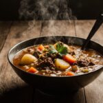 Steaming bowl of homemade vegetable beef soup with chunks of beef, carrots, potatoes, and celery in a rustic bowl