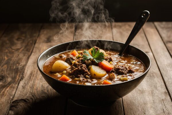 Steaming bowl of homemade vegetable beef soup with chunks of beef, carrots, potatoes, and celery in a rustic bowl