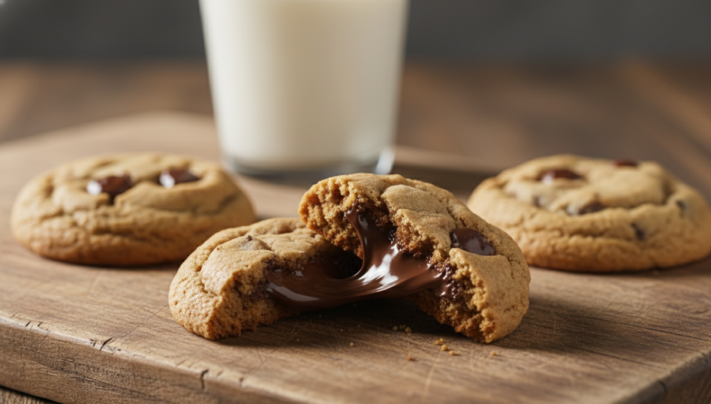 Overhead flat lay (bird's eye view) of all ingredients for chewy chocolate chip cookies arranged neatly on a light marble background. Ingredients include: a glass bowl of all-purpose flour, a stick of butter, two eggs, light brown sugar in a glass jar, white sugar, baking soda, cornstarch, vanilla extract, and a pile of semi-sweet chocolate chips. Clean, bright food styling with natural light. --ar 4:3 --style raw