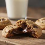 Overhead flat lay (bird's eye view) of all ingredients for chewy chocolate chip cookies arranged neatly on a light marble background. Ingredients include: a glass bowl of all-purpose flour, a stick of butter, two eggs, light brown sugar in a glass jar, white sugar, baking soda, cornstarch, vanilla extract, and a pile of semi-sweet chocolate chips. Clean, bright food styling with natural light. --ar 4:3 --style raw