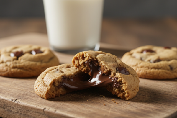 Overhead flat lay (bird's eye view) of all ingredients for chewy chocolate chip cookies arranged neatly on a light marble background. Ingredients include: a glass bowl of all-purpose flour, a stick of butter, two eggs, light brown sugar in a glass jar, white sugar, baking soda, cornstarch, vanilla extract, and a pile of semi-sweet chocolate chips. Clean, bright food styling with natural light. --ar 4:3 --style raw