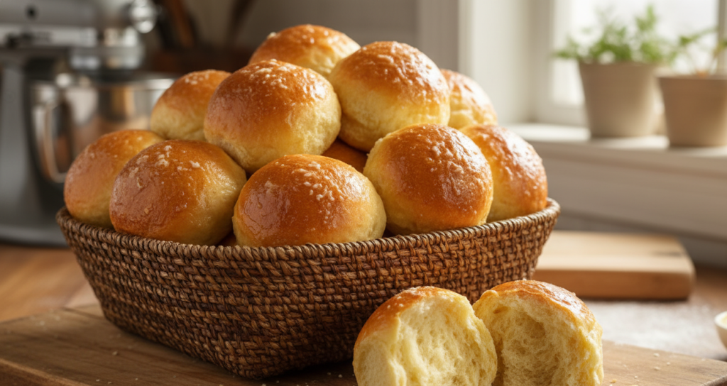 A basket of fresh, homemade Hawaiian Sweet Rolls with a soft, pull-apart interior, ready to serve.