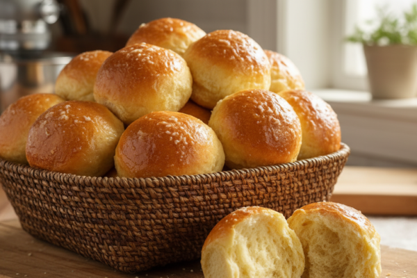 A basket of fresh, homemade Hawaiian Sweet Rolls with a soft, pull-apart interior, ready to serve.