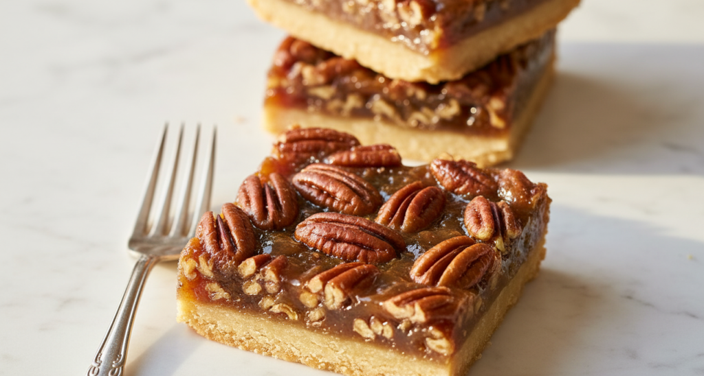A close-up of a perfect, glossy pecan pie bar with a golden crust and nutty topping, showcasing an easy and delicious dessert.