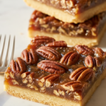 A close-up of a perfect, glossy pecan pie bar with a golden crust and nutty topping, showcasing an easy and delicious dessert.