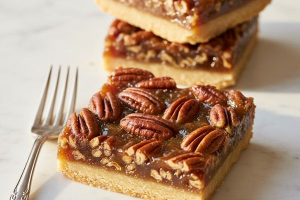 A close-up of a perfect, glossy pecan pie bar with a golden crust and nutty topping, showcasing an easy and delicious dessert.