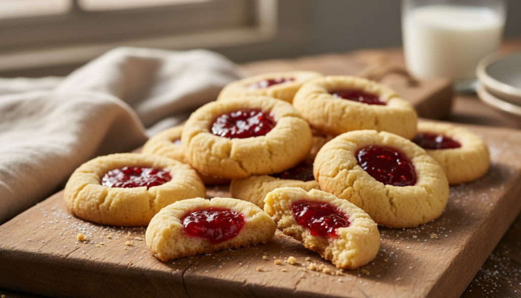 Freshly baked buttery raspberry thumbprint cookies with glistening red jam centers on a rustic wooden board.