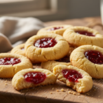 Freshly baked buttery raspberry thumbprint cookies with glistening red jam centers on a rustic wooden board.