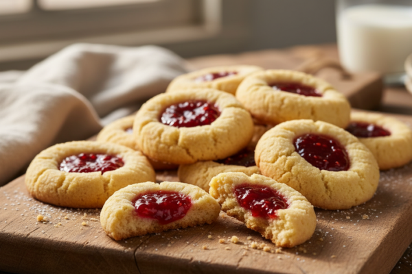 Freshly baked buttery raspberry thumbprint cookies with glistening red jam centers on a rustic wooden board.