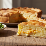A perfect golden slice of homemade cheese and potato pie, revealing creamy potatoes and melted cheese inside a flaky crust, the ultimate comfort food.