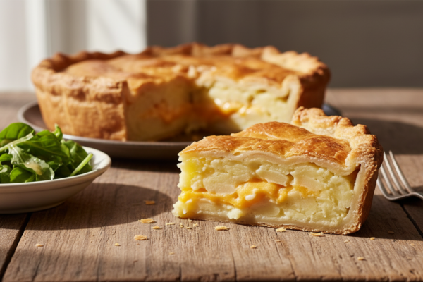 A perfect golden slice of homemade cheese and potato pie, revealing creamy potatoes and melted cheese inside a flaky crust, the ultimate comfort food.