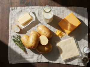 Raw ingredients for a classic cheese and potato pie including potatoes, cheddar, butter, and pastry, arranged for preparation.