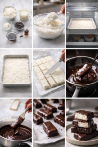 Collage showing all steps of making homemade Mounds bars, from coconut and condensed milk ingredients to mixing, pressing, cutting, dipping in melted chocolate, and finished chocolate-covered coconut bars.