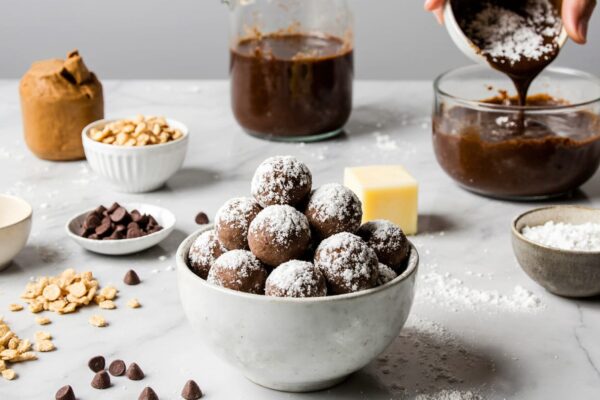 A tray of elegant, powdered sugar-dusted Puppy Chow balls, a neat and mess-free version of the classic snack.