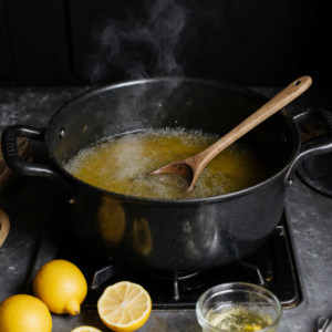 A wooden spoon stirring a pot of simmering homemade lemon jam on the stove, capturing the cooking process.