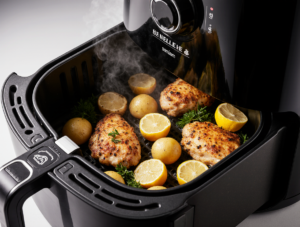 Shows the air fryer in action, creating crispy food