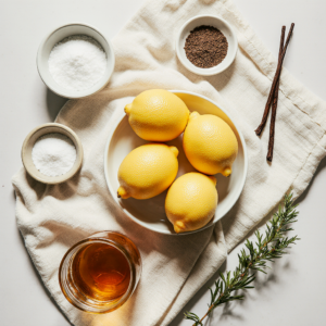 Fresh ingredients for homemade lemon jam including lemons, sugar, and vanilla bean arranged in an overhead flat lay.
