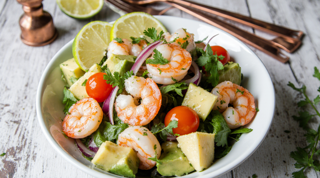 Vibrant shrimp avocado salad with grilled shrimp and creamy avocado in a white bowl - fresh and healthy meal