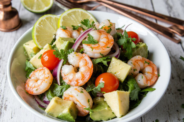 Vibrant shrimp avocado salad with grilled shrimp and creamy avocado in a white bowl - fresh and healthy meal