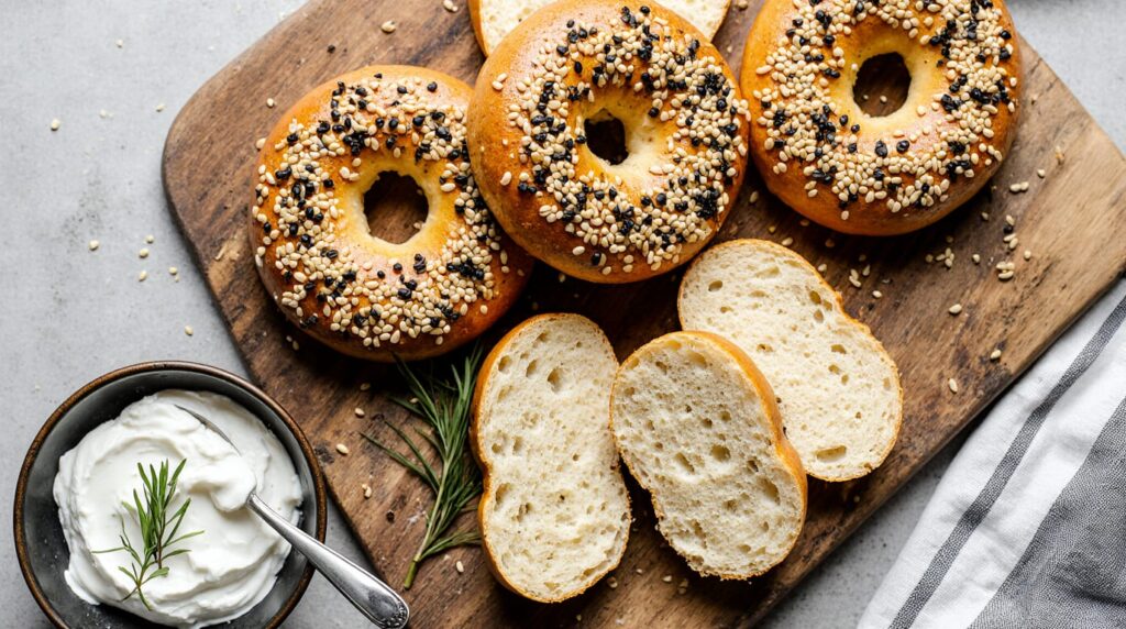 Freshly baked golden brown cottage cheese bagels with everything seasoning, sliced open to show soft interior, served with cream cheese.