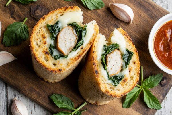 Golden-brown toasted chicken wraps with garlic and cheese sliced open to reveal melted cheese and tender chicken, the ultimate easy dinner recipe.