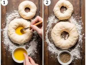Brushing a beaten egg wash onto a shaped cottage cheese bagel before baking, with seasoning ready to sprinkle.