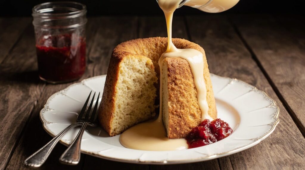 A perfect, golden Steamed Sponge Pudding served warm with pouring custard, a classic British dessert.