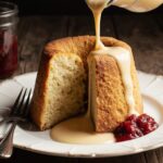 A perfect, golden Steamed Sponge Pudding served warm with pouring custard, a classic British dessert.