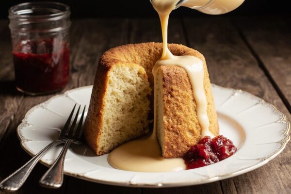 A perfect, golden Steamed Sponge Pudding served warm with pouring custard, a classic British dessert.