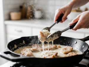 Cooking step for chicken wraps: tossing tender chicken with minced garlic and parmesan cheese in a hot skillet to create the flavorful filling.