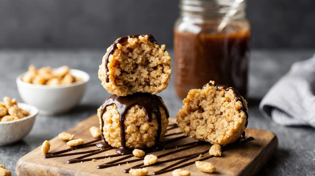 A tempting stack of homemade peanut butter Rice Krispie balls with chocolate drizzle, the ultimate easy no-bake treat.