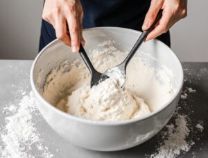 Hands mixing blended cottage cheese and flour to form the dough for simple homemade bagels.