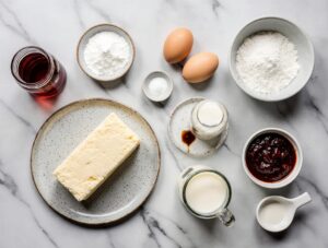 Raw ingredients for a traditional Steamed Sponge Pudding including butter, eggs, flour, sugar, and jam.