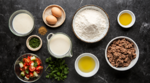 Raw ingredients for making homemade Turkish Pide including flour, ground meat, vegetables, eggs, and spices arranged on a marble surface.