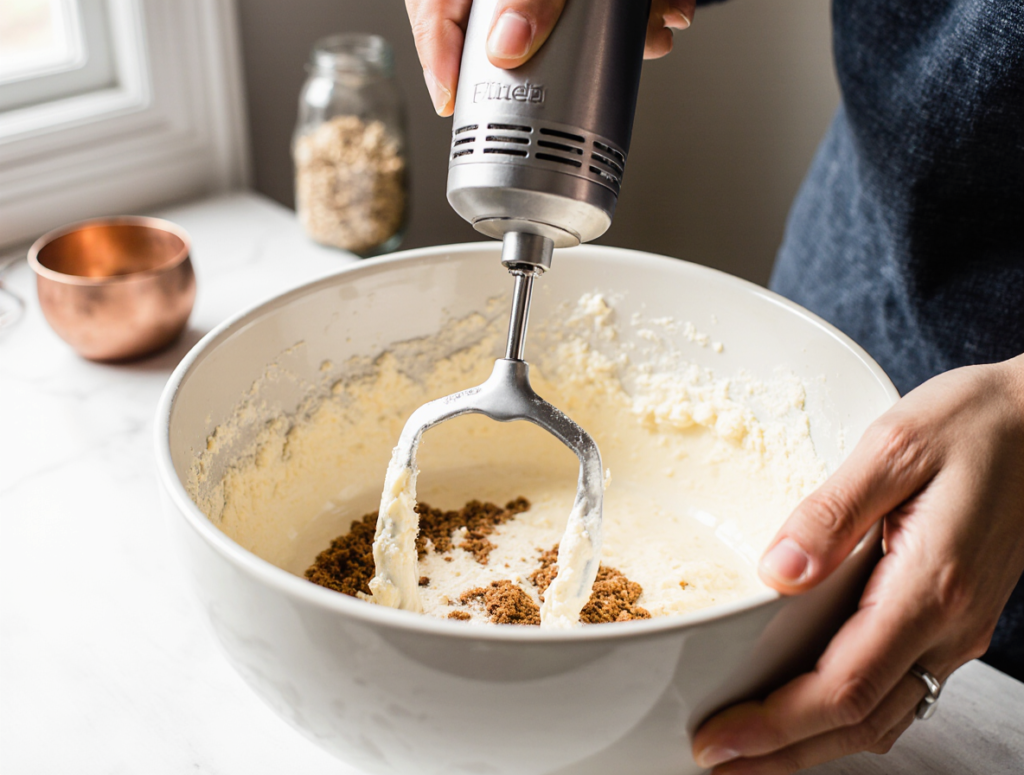 Creaming butter and sugar with an electric mixer until light and fluffy, a key technique for perfect chocolate chip oat cookies.